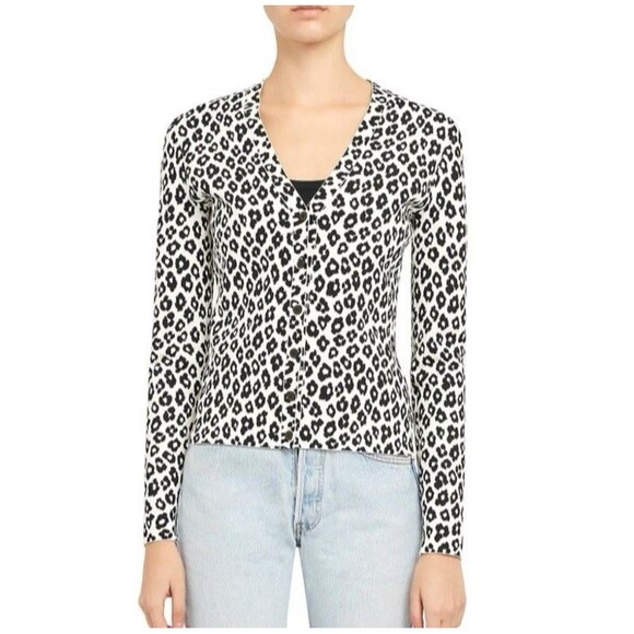 Theory Women Small Jacquard Leopard Print V-Neck Cardigan  Black White Stretchy - Picture 2 of 12